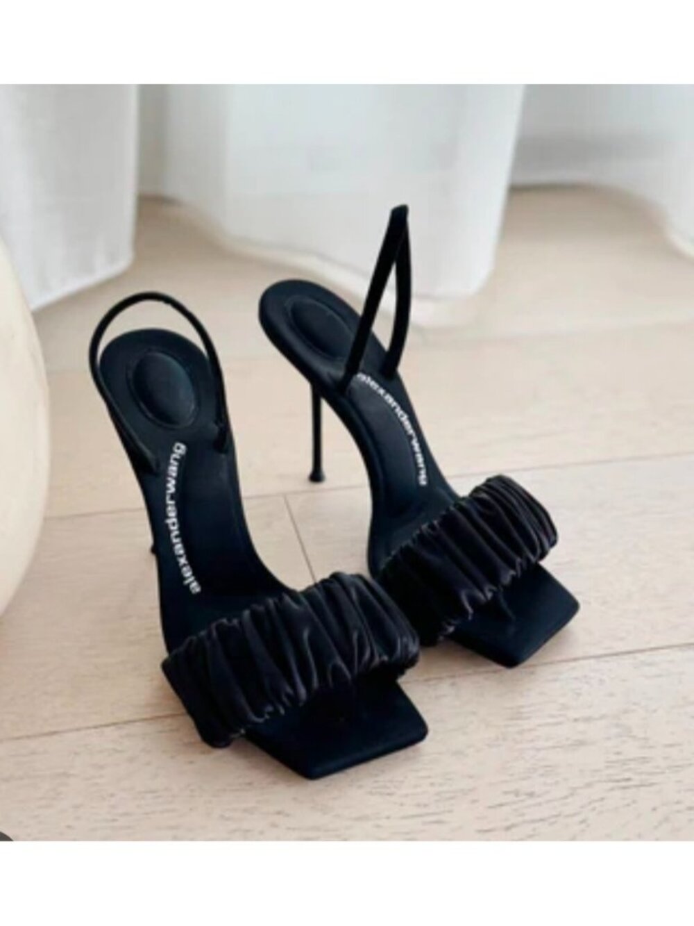 Alexander Wang Black Ruched Satin Slingback Heels Sandals Size 37.5 Square Toe